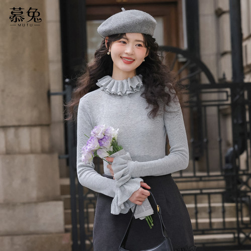 慕兔温柔风荷叶边领针织衫女2025冬季新款小个子修身显瘦打底上衣 - 图0