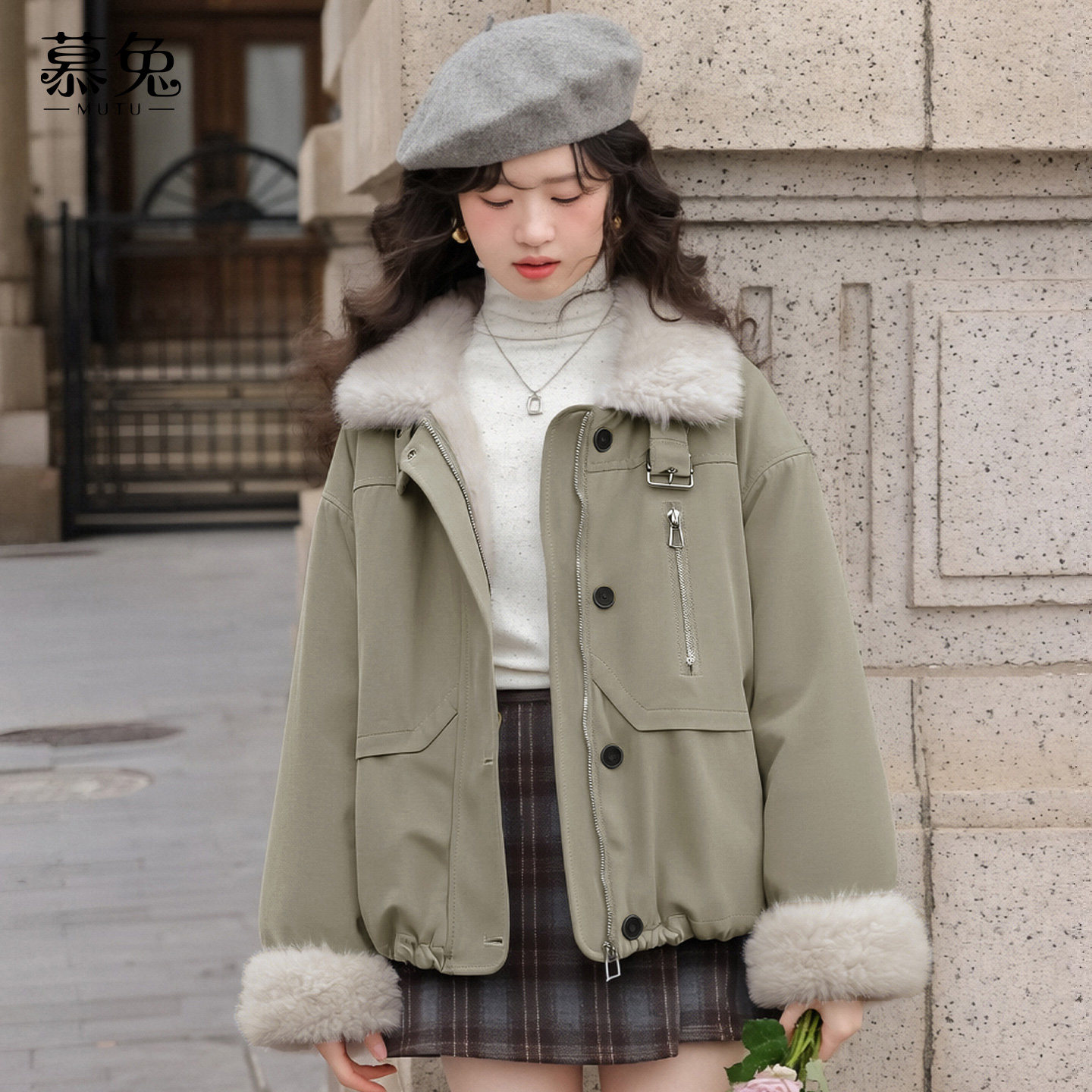 慕兔复古绿色加绒派克服外套女2025冬新款高级感加厚保暖夹克上衣,淘宝优惠券,粉丝福利购,淘宝优惠卷