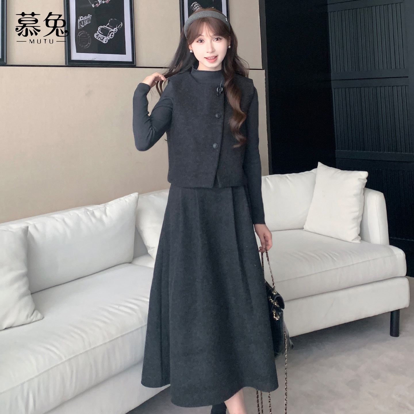 慕兔法式小香风套装女2025冬新款半高领上衣背心马甲半身裙两件套,淘宝优惠券,粉丝福利购,淘宝优惠卷