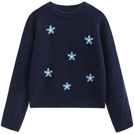 慕兔甜美花朵刺绣短款毛衣女2025冬季新款小个子圆领长袖针织上衣