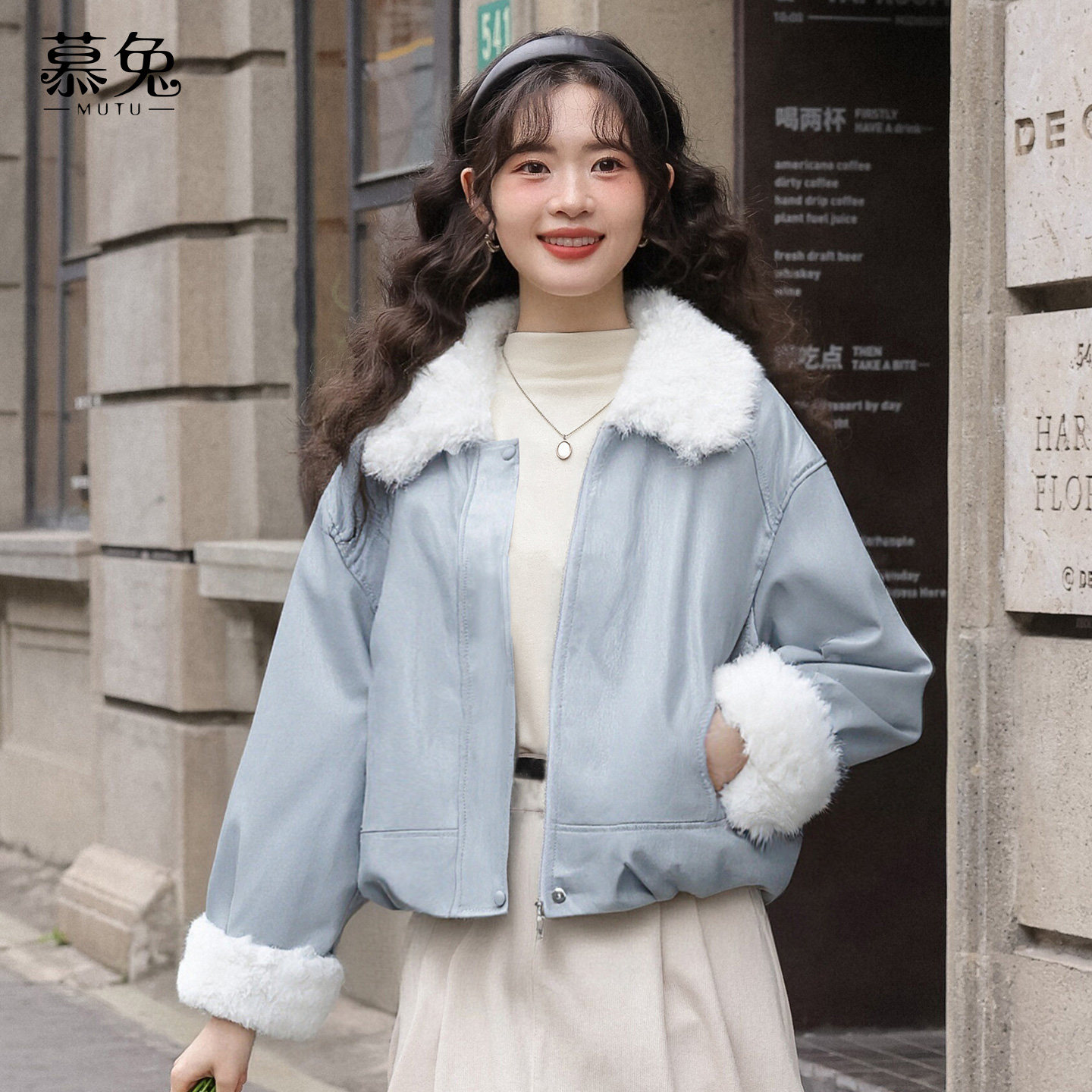 慕兔小个子翻领pu皮衣外套女2025冬季新款设计感小众加绒夹克上衣,淘宝优惠券,粉丝福利购,淘宝优惠卷