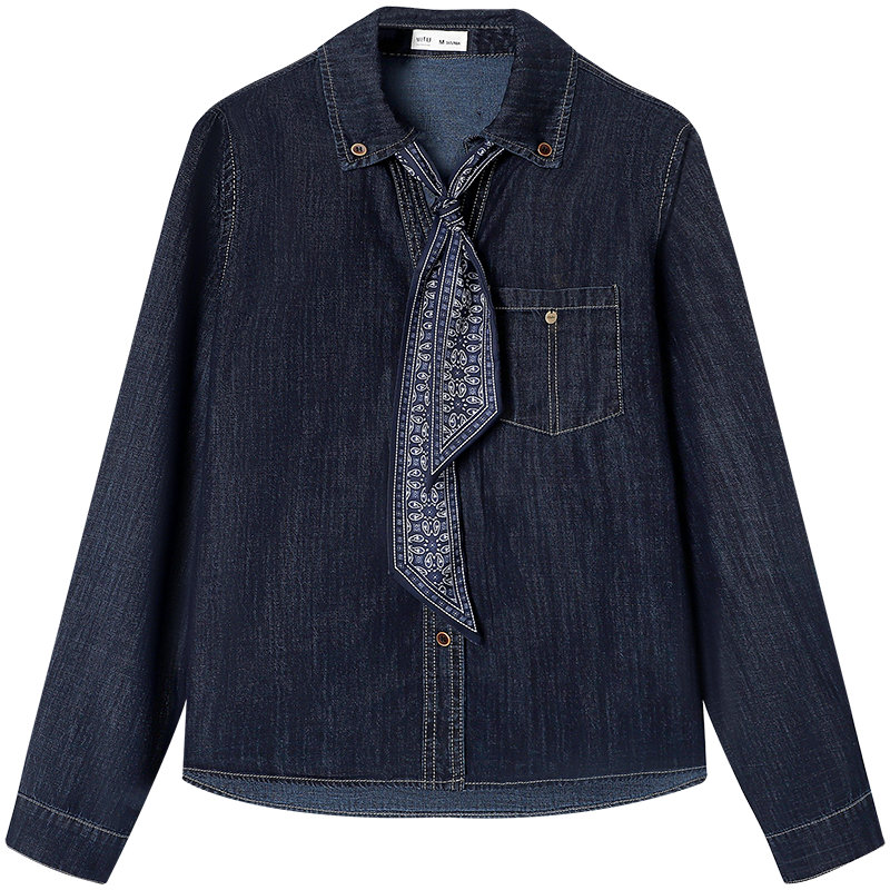 慕兔复古配丝巾牛仔衬衫女2026春季新款小个子设计感小众宽松上衣,淘宝优惠券,粉丝福利购,淘宝优惠卷