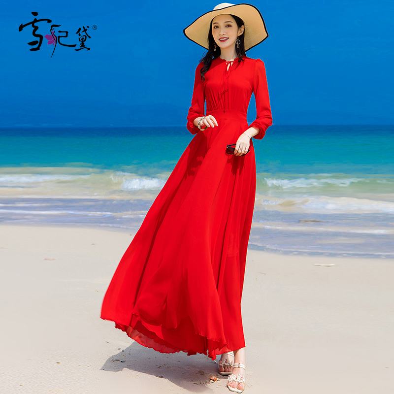 夏季红色雪纺长袖连衣裙女长款到脚踝2024年新款气质显瘦超长裙子