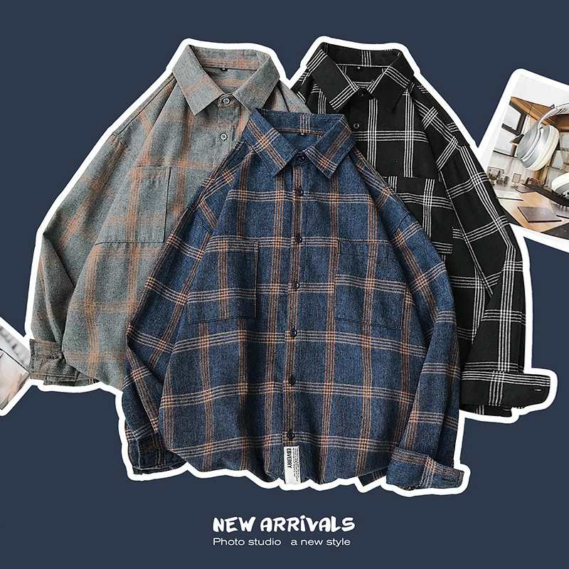 潮流格子男长袖秋冬季服潮牌寸衬衫 fizze衬衫