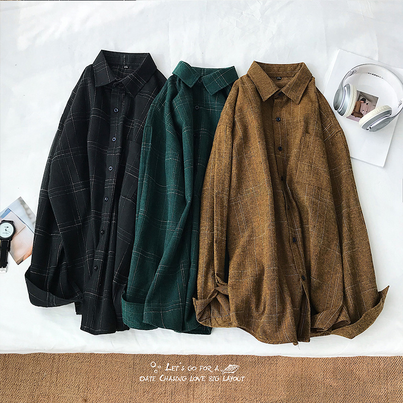 港风男秋冬季潮流格子长袖韩版衬衫 fizze衬衫