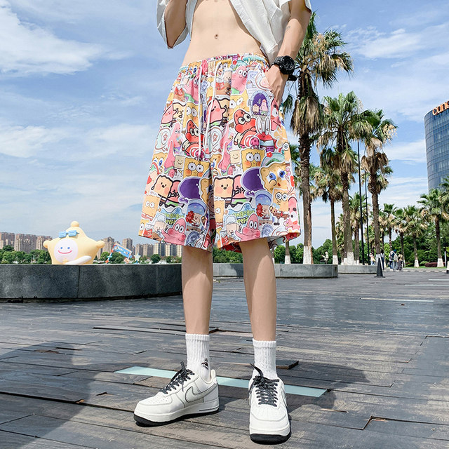 Beach pants men's summer dry flowers shorts thin loose casual cartoon home pajamas can wear big pants tide