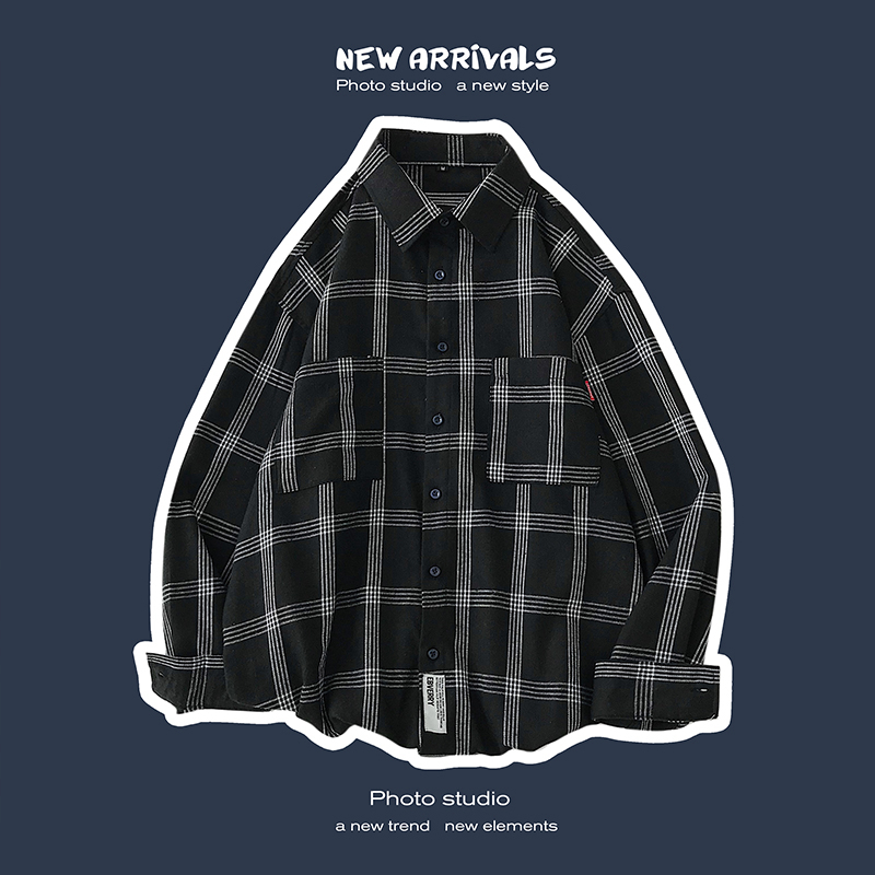 潮流格子男长袖秋冬季服潮牌寸衬衫 fizze衬衫