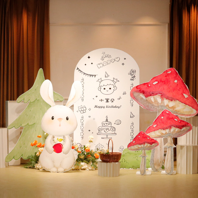 兔子蘑菇男女孩周岁生日布置背景kt板兔宝宝场景酒店装饰气球定制,淘宝优惠券,粉丝福利购,淘宝优惠卷