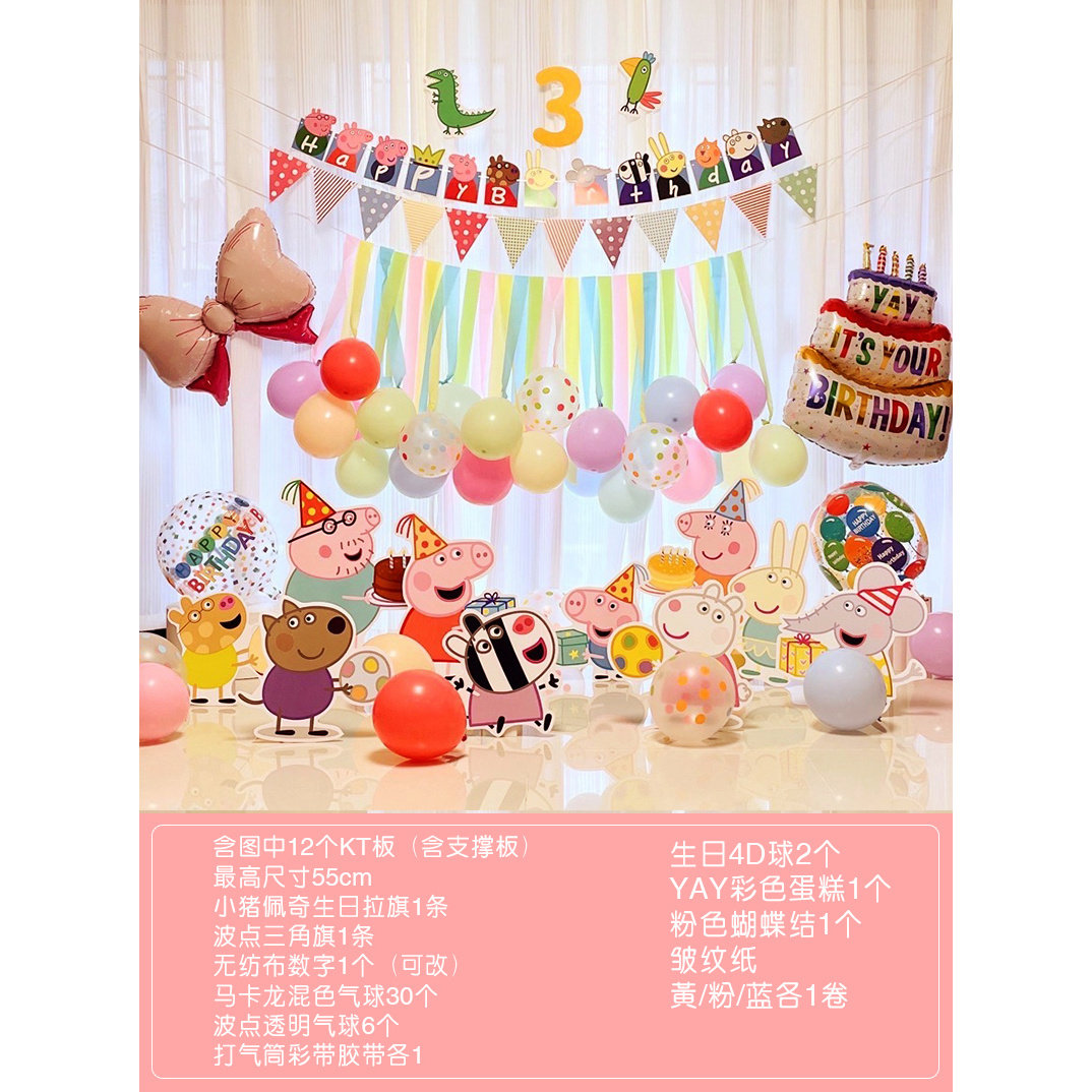 2两周岁宝宝生日布置小猪佩奇场景装饰男女孩拍照kt板气球背景墙3,淘宝优惠券,粉丝福利购,淘宝优惠卷
