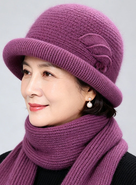 冬季中老年女加绒保暖针织盆帽