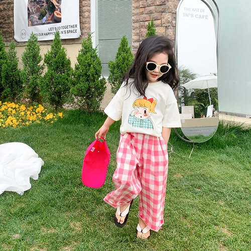 女童夏装格子休闲裤2025中小儿童宝宝薄款洋气韩版夏季直筒阔腿裤 - 图0