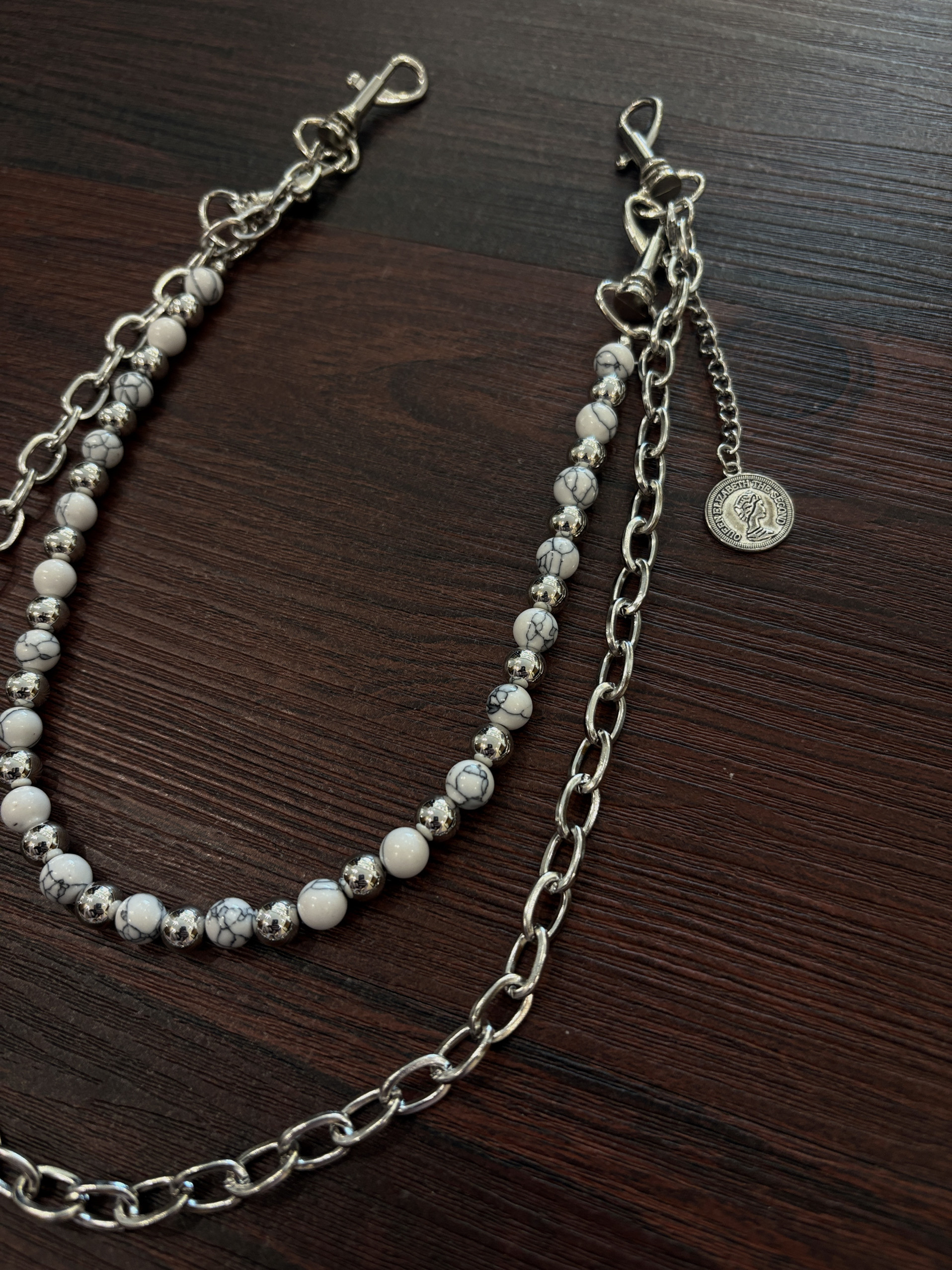 小心袖口 Vintage中古做旧白松石银珠裤链小众设计朋克摇滚配饰