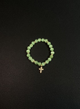 小心袖口 vintage中古绿猫眼十字架手链串珠复古简约手串男女配饰