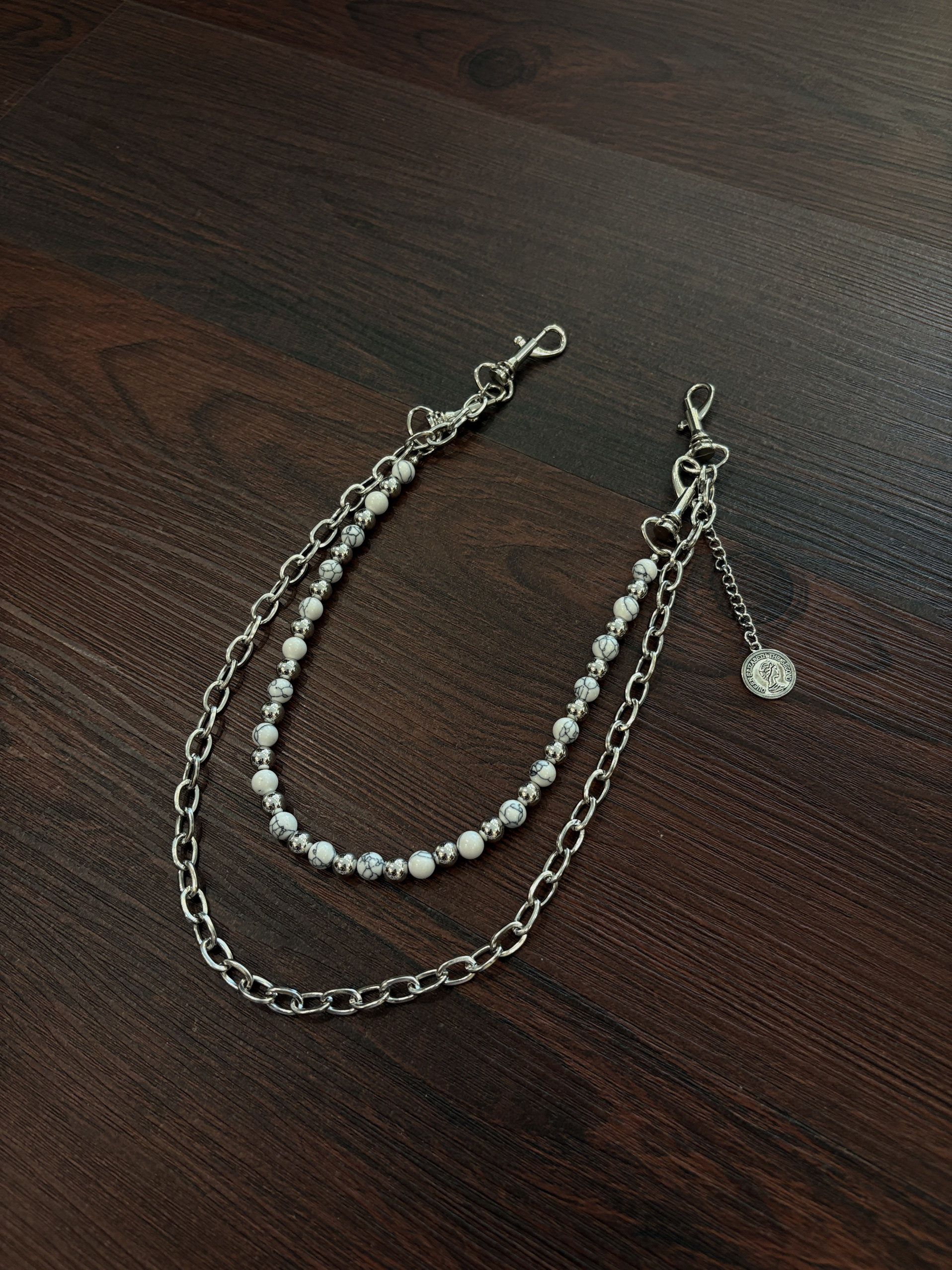 小心袖口 Vintage中古做旧白松石银珠裤链小众设计朋克摇滚配饰