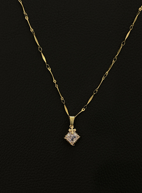 小心袖口 25AW Vintage中古锆石十字架方块铜镀金男女简约项链