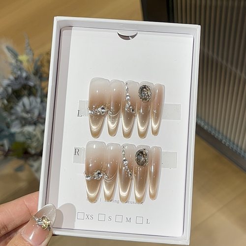 【星轨】手工穿戴甲香槟猫眼高级法式碎钻猫眼轻奢简约显白美甲贴 - 图3