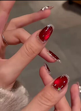 【万事大吉】新年纯手工醒狮穿戴甲红色猫眼碎钻高级感显白美甲贴