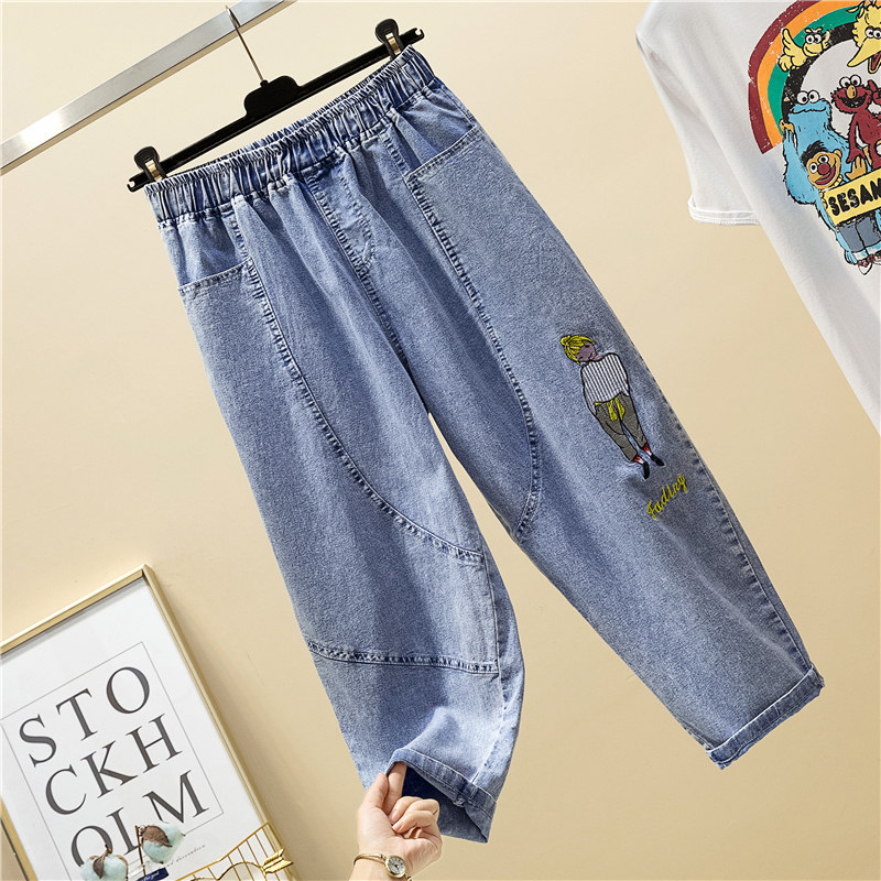 2020夏季刺绣老爹裤超火八分牛仔裤 简羽牛仔裤