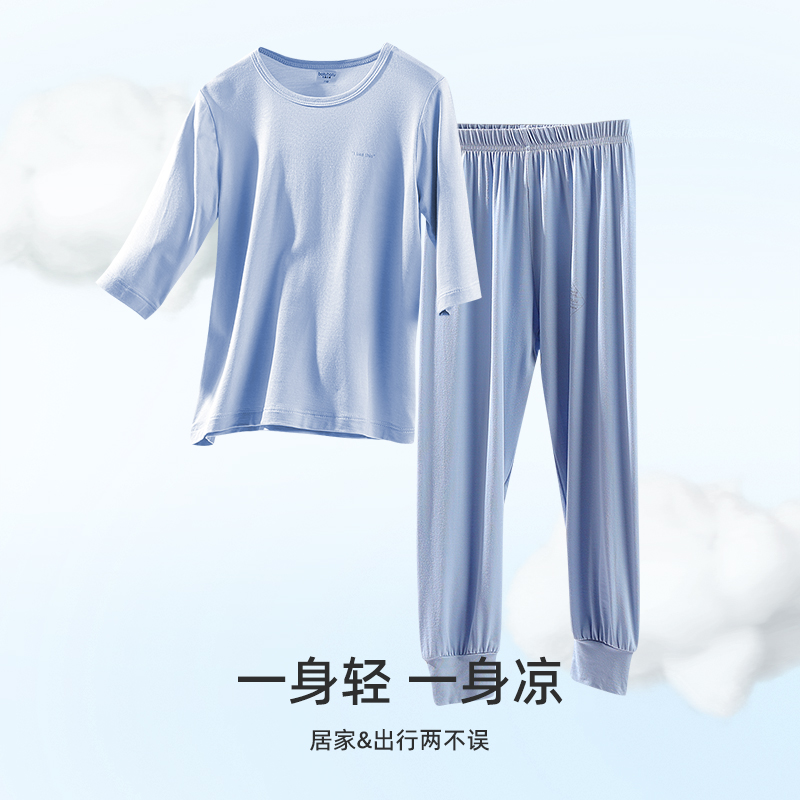 儿童莫代尔睡衣薄款夏季中袖男童家居服女童冰丝套装中大童空调服 - 图2