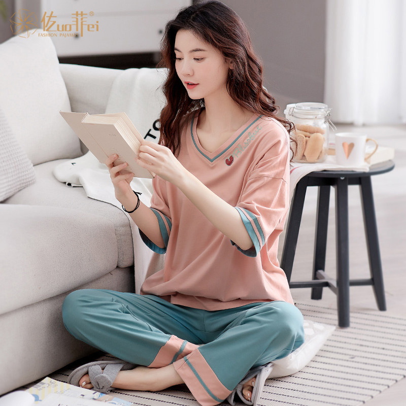 夏纯棉薄款两件套短袖长裤休闲睡衣 佐菲睡衣/家居服套装