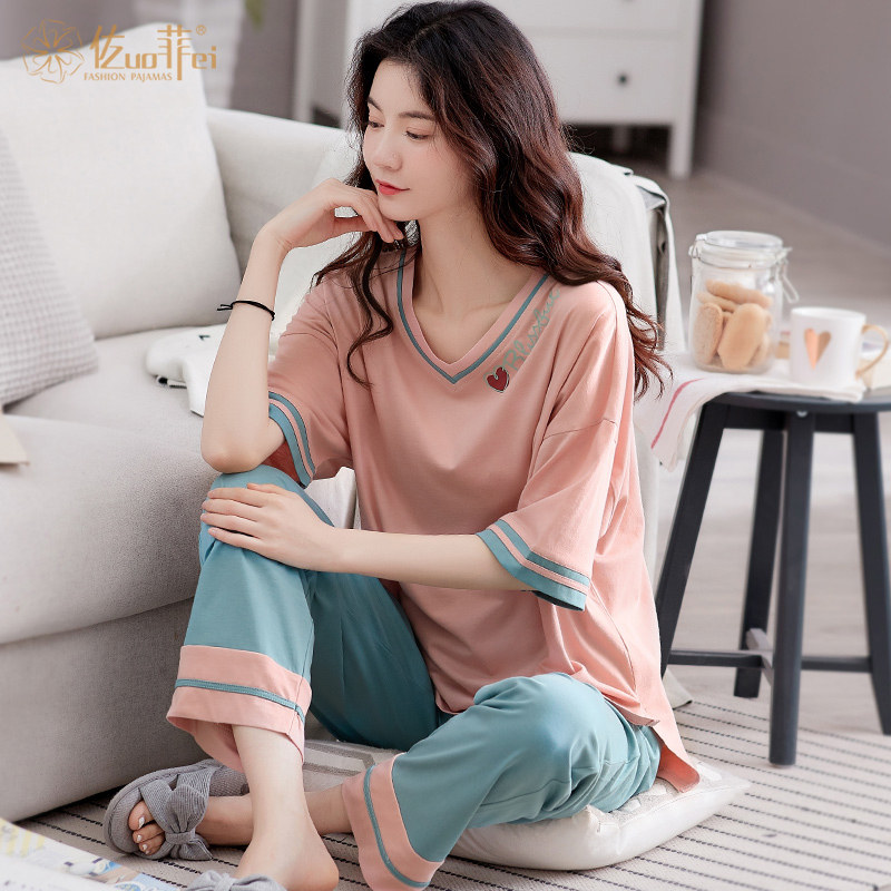 夏纯棉薄款两件套短袖长裤休闲睡衣 佐菲睡衣/家居服套装