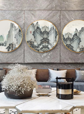 新中式风圆形禅意晶瓷背景墙画