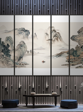 客厅新中式山水风景画装饰画五联