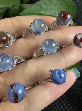 好记水晶蓝兔毛团团戒指s925银镶嵌清冷简约时尚高级精致感随机发