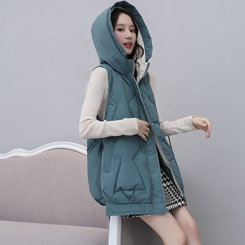 韩版女中长款连帽宽松无袖棉马甲 零五七一世家圣毅马夹