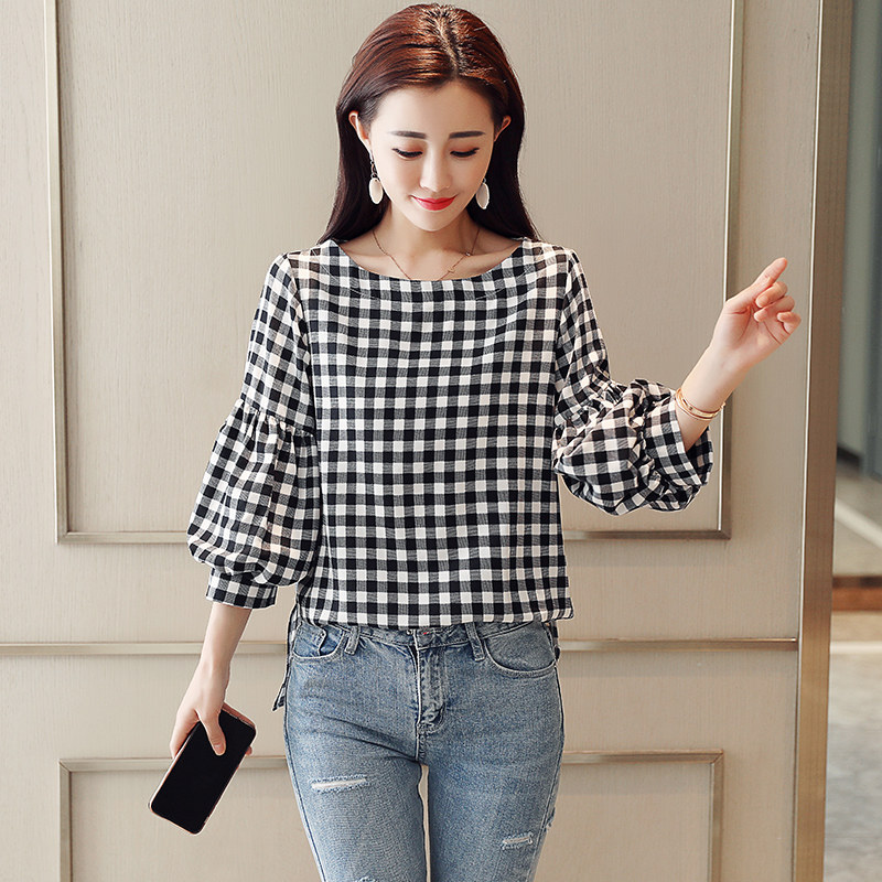 韩版女七分袖格子千鸟格小衫衬衫 零五七一世家圣毅衬衫