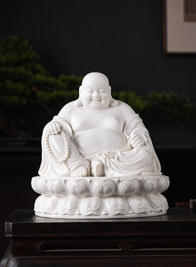 坐古莲弥勒佛陶瓷摆件门店会客办公室招财大肚子笑佛博古架装饰品