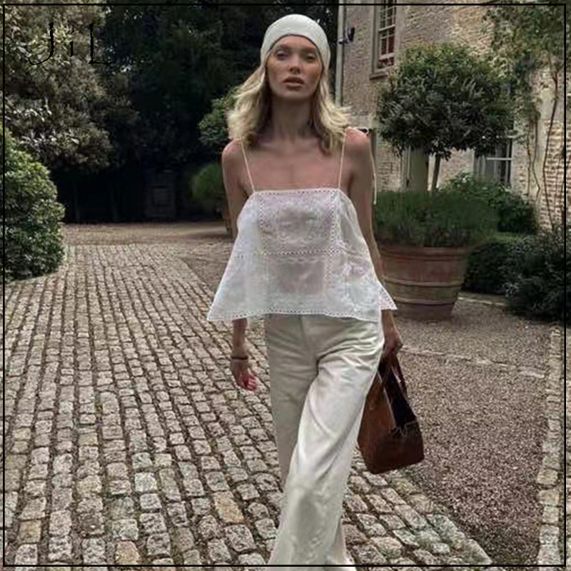 买手店正品现货Helsa虞书欣elsa hosk同款辣妹风白色刺绣背心吊带 - 图0