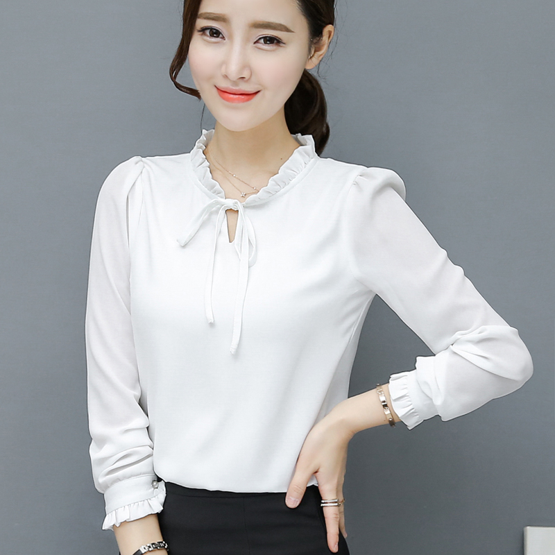 漫娜儿旗舰店夏季新款韩范优雅蝴蝶结雪纺衬衫女装长袖白色衬衣打底上衣1