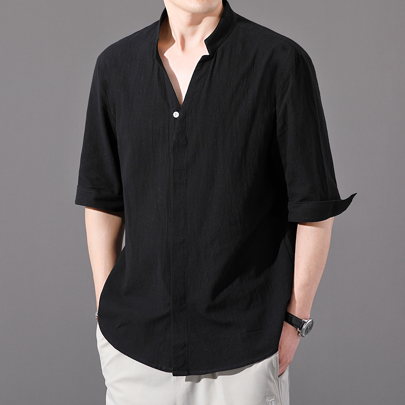 男士棉麻衬衫短袖2025年新款薄款七分袖衬衣夏季亚麻休闲青年男装