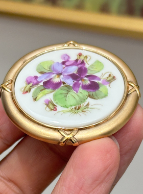 欧洲回流vintage中古银胸针德国梅森瓷手绘紫罗兰 银镀金吊坠两用