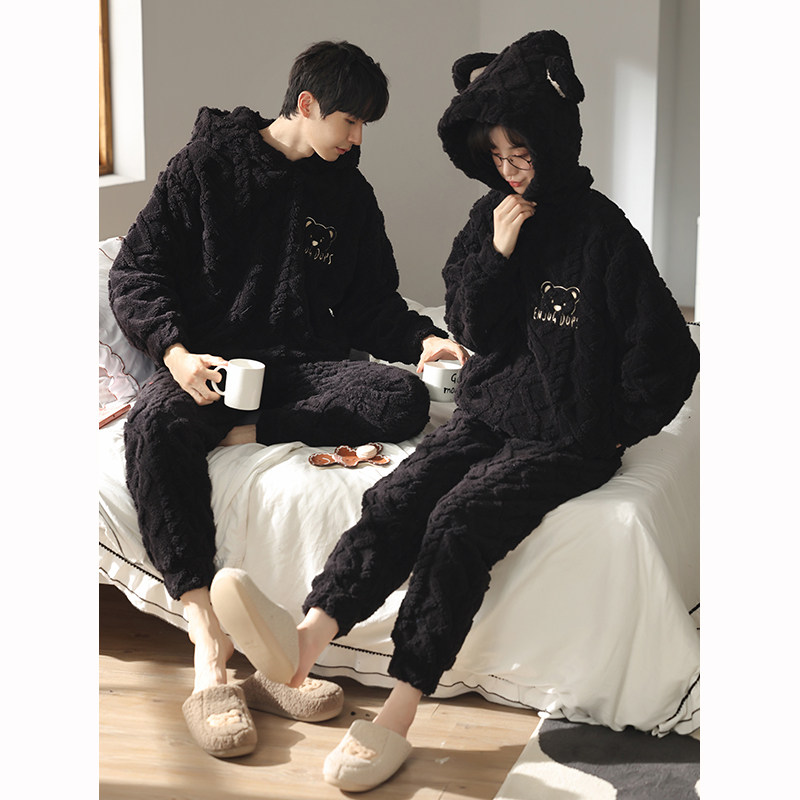 情侣秋冬季珊瑚绒提花黑色男睡衣 康汝雅睡衣/家居服套装