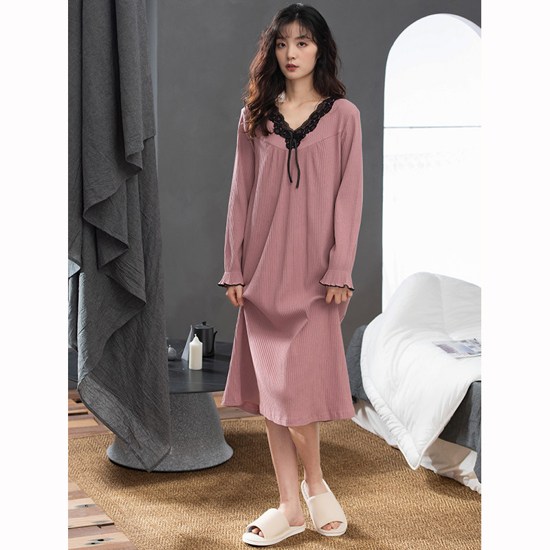 女士纯棉长袖甜美连体可外穿睡裙 康汝雅睡裙