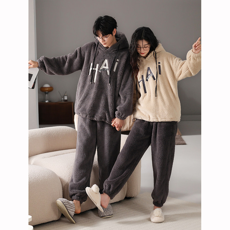 情侣秋冬季珊瑚绒提花黑色男睡衣 康汝雅睡衣/家居服套装