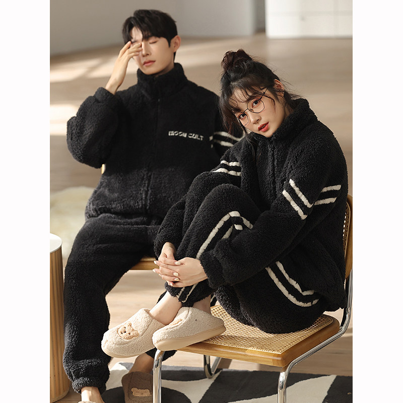 情侣秋冬珊瑚绒休闲拉链高领睡衣 康汝雅睡衣/家居服套装