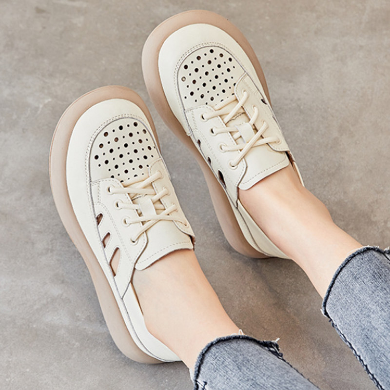 2023夏季新款真皮厚底鞋子女凉鞋洞洞妈妈鞋软底宽脚大头复古皮鞋,淘宝优惠券,粉丝福利购,淘宝优惠卷