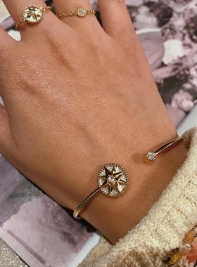 开口八芒星罗盘手镯女镀金18K天然贝母轻奢小众设计高级感适配ins