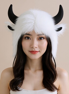 黑色帽子牛角毛绒帽雷锋帽护耳帽