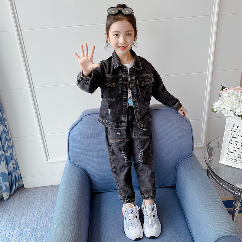 女童牛仔套装秋装2020新款韩版洋气 黑尼木木套装