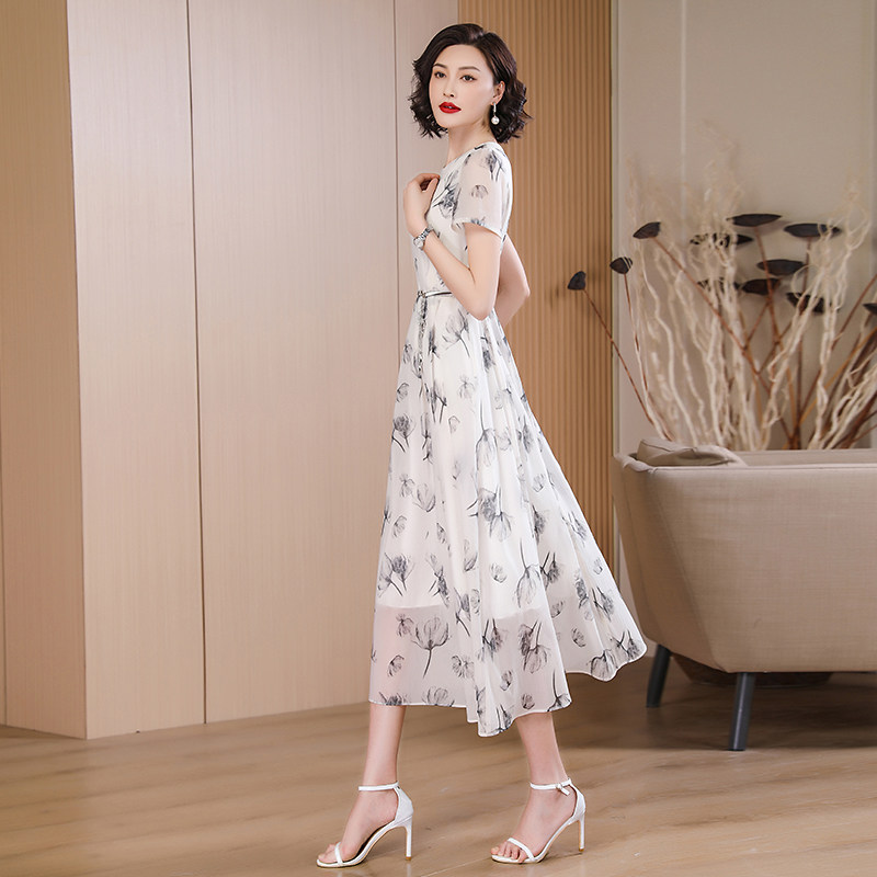 初夏白色雪纺印花女2023新款中长裙 婧涵服饰连衣裙