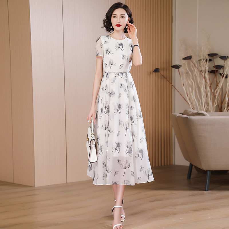 初夏白色雪纺印花女2023新款中长裙 婧涵服饰连衣裙