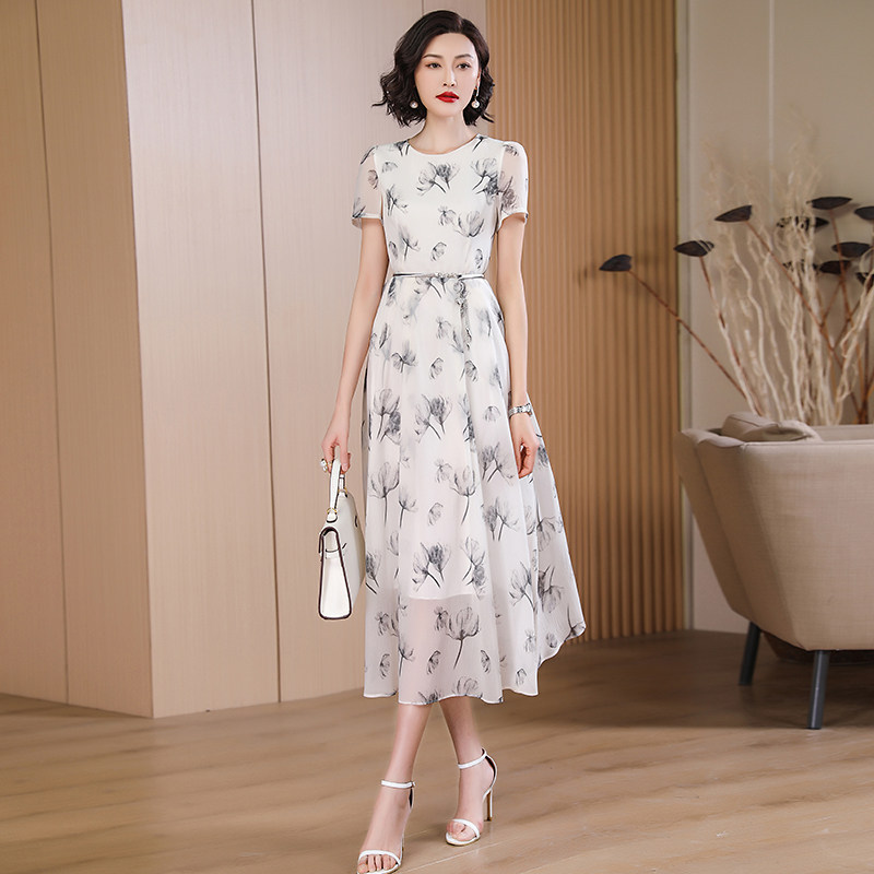初夏白色雪纺印花女2023新款中长裙 婧涵服饰连衣裙