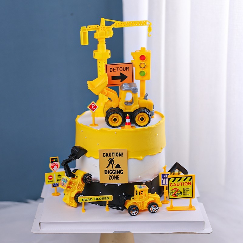 挖土机工程车蛋糕装饰挖掘机推土机男孩生日路障插件挖机摆件配件