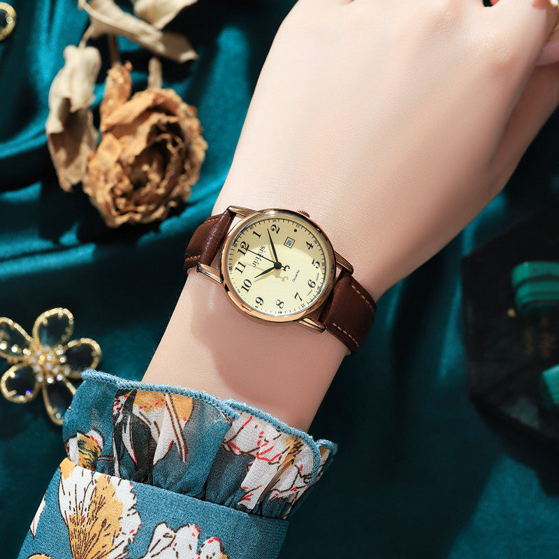 正品聚利时真皮带学生手表女时尚复古石英女表防水数字刻度时装表 - 图1