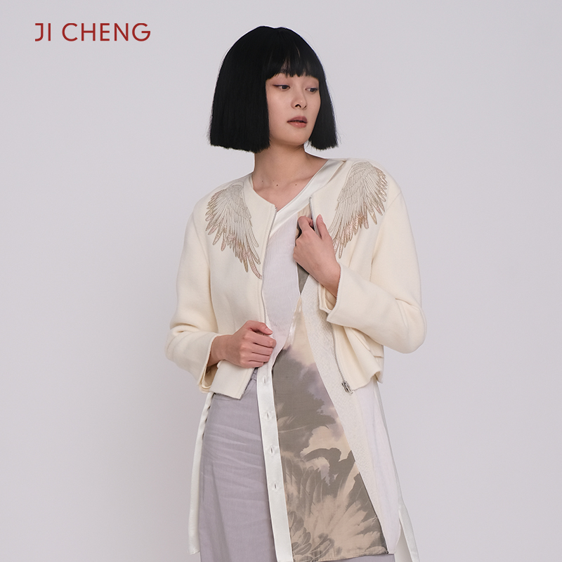 Ji Cheng吉承设计师原创新款绵羊毛双面呢短款大衣翅膀刺绣经典