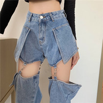 Jeans Woman Straight Drum Loose Slim Trousers 2022 Spring New Design Sense Two Wear Detachable Shorts Tide